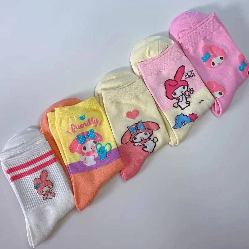 5pairs Cute Sanrio My Melody Cartoon Cotton Socks Y2k Girls Cartoon Crew Socks Girls Women Anime Warm Stocking Kids