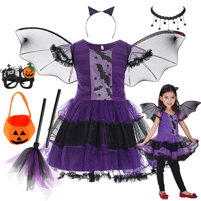 

Girls Dress Kids Fancy Cosplay Vampire Demon Costume With Wing Headband Halloween Carnival Witch Clothes