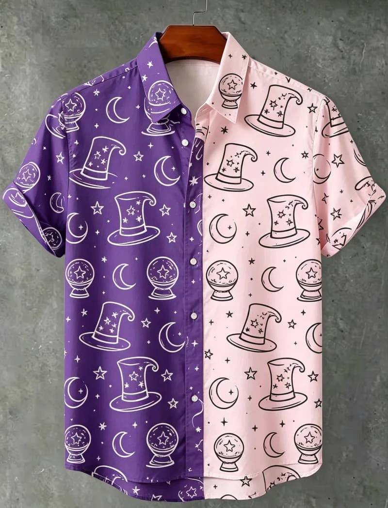 Two Tone Spliced Printed Short Sleeved Shirt For men's Casual Cardigan top, With Unique Contrasting Color Charm For Daily Wear