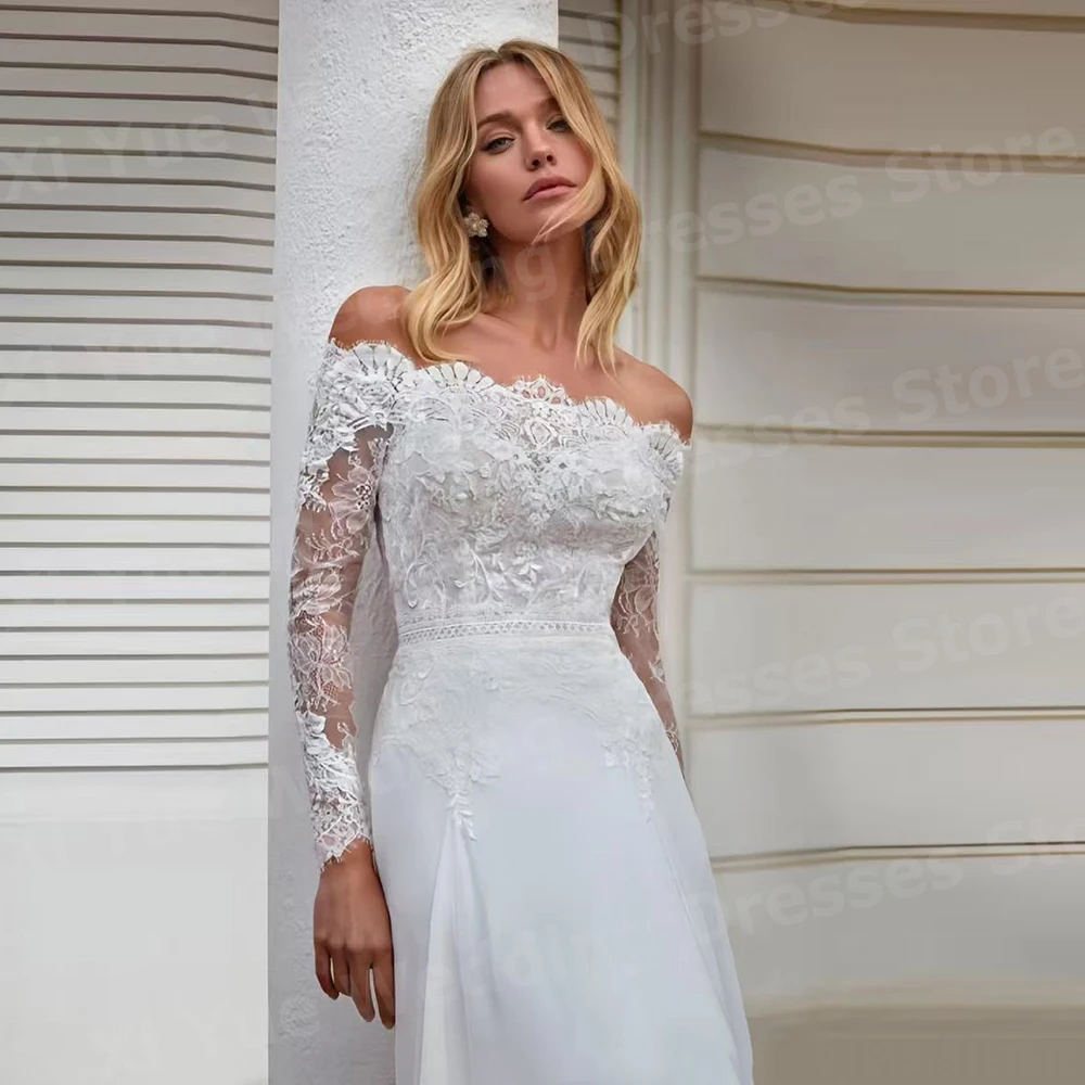 Charming A Line Women's Wedding Dresses Appliques Lace Bride Gowns Long Sleeved Customized Off The Shoulder Vestidos De Novia