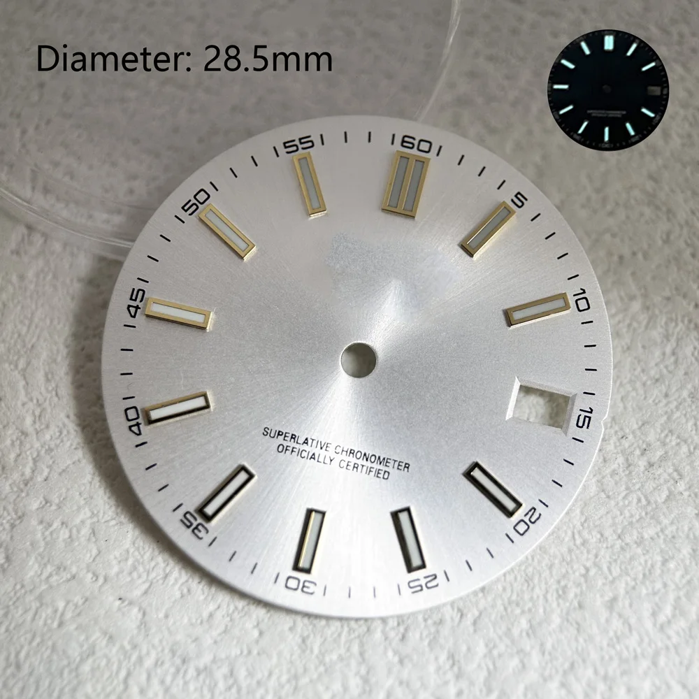 28.5mm NH35 다이얼 브라운 그레이 블루 그린 빛나는 선버스트 다이얼 NH35 자동 무브먼트 시계 액세서리 로고를 사용자 정의 할 수 있습니다