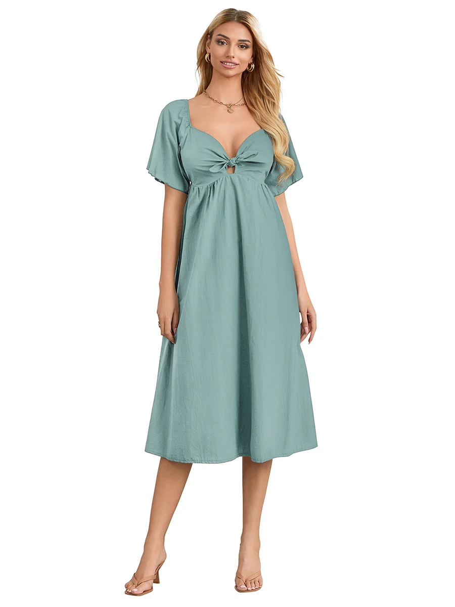 

Women Y2K Midi Dress Solid Color V-Neck Tie Knot Front Ruched Short Sleeve Dress Summer Casual Dress A-line Dress