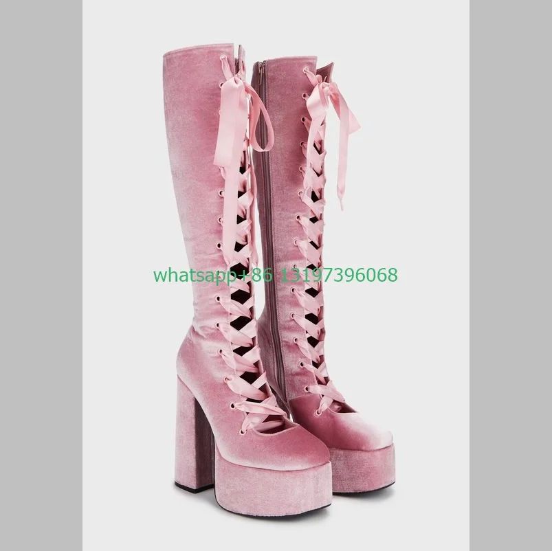 

Lady pink suede design platform lace-up boots cut-out stain lace-up elegant Mary Janes boots chunky heel party shoes size 35-46