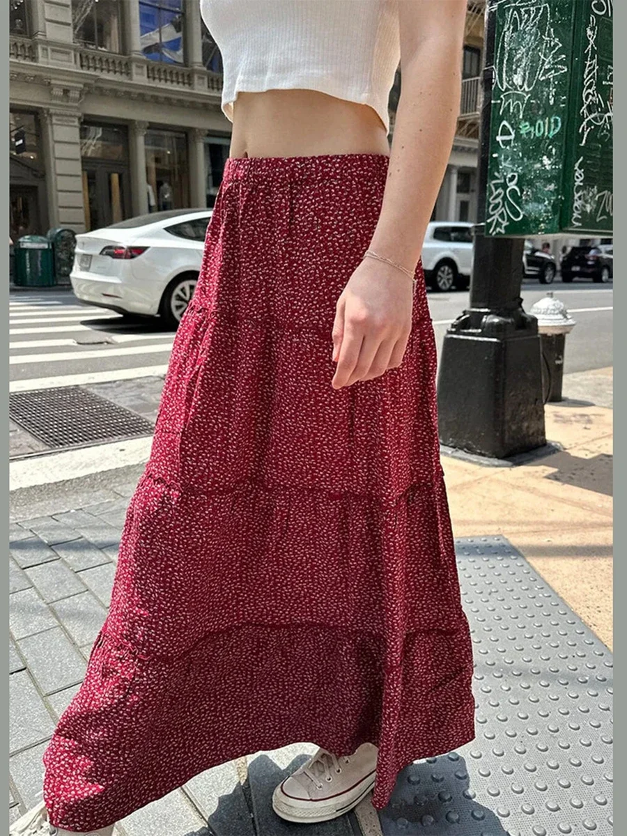 

Women Vintage Y2k Floral Maxi Skirts Elastic High Waist Tiered Flowy Long Skirt Pleated Swing A-Line Long Skirt Autumn Clothes