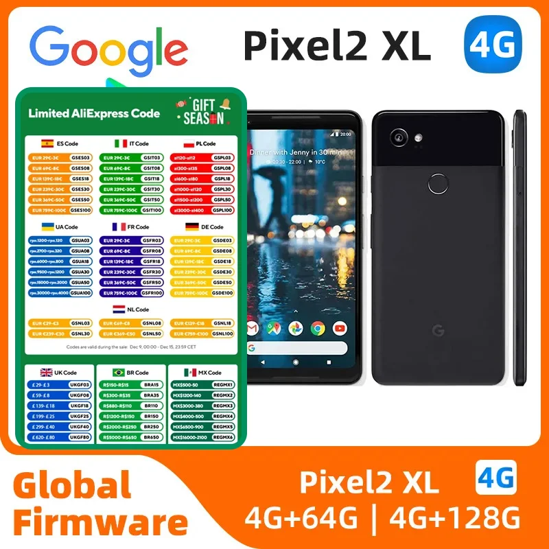 Google Pixel 2 XL 4G bands 4GB RAM 64GB/128GB ROM 3520mAh 12MP NFC Fingerprint Smartphone Cell Phone Original Unlocked 99% New