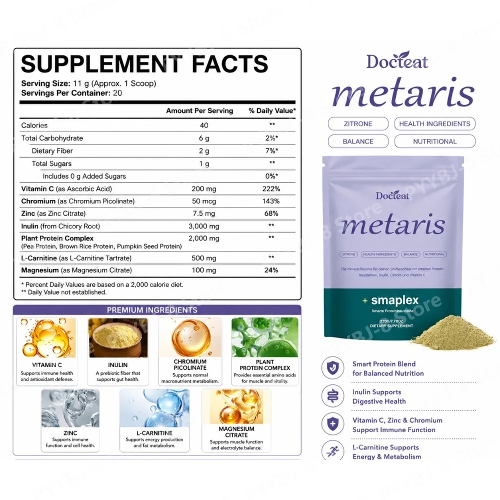 Metaris Powder,Support Metabolism & Gut Health,Boost Energy&Immune Function,Inulin Chromium L-Carnitine Plant Protein Blend,220g