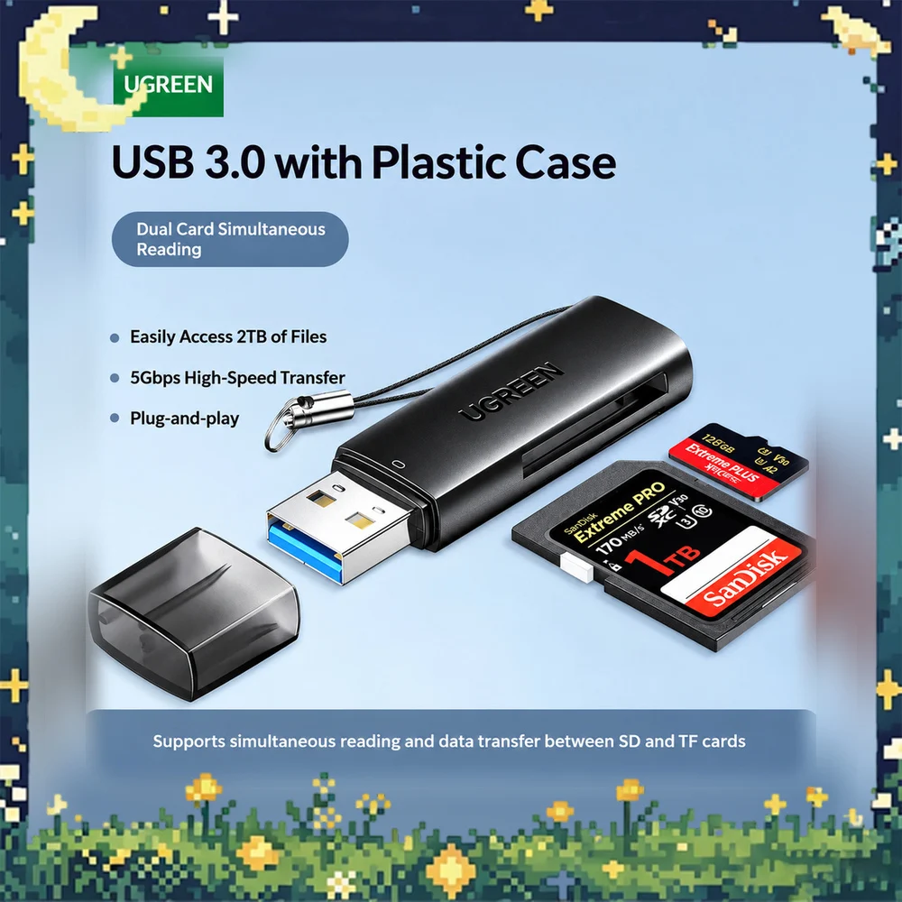 UGREEN 60722 CM264 USB 3.0 SD TF Card Reader Dual Slot Memory Card Adapter for Computer Laptop