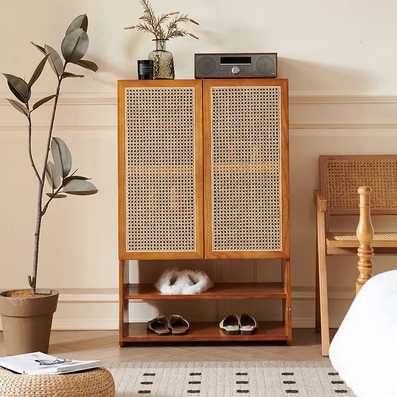 New Chinese Style Solid Wood Shoe Cabinet Rattan Storage Rack for Living Room Entrance Home Homestay Integrated Shoe