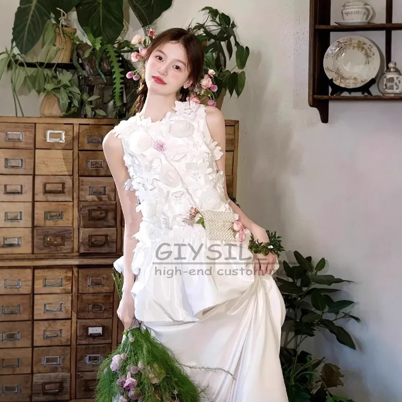 GIYSILE Customized White Sweet Light Wedding Dress Flower Temperament Super Fairy Sleeveless A-line Skirt Formal Women Elegant