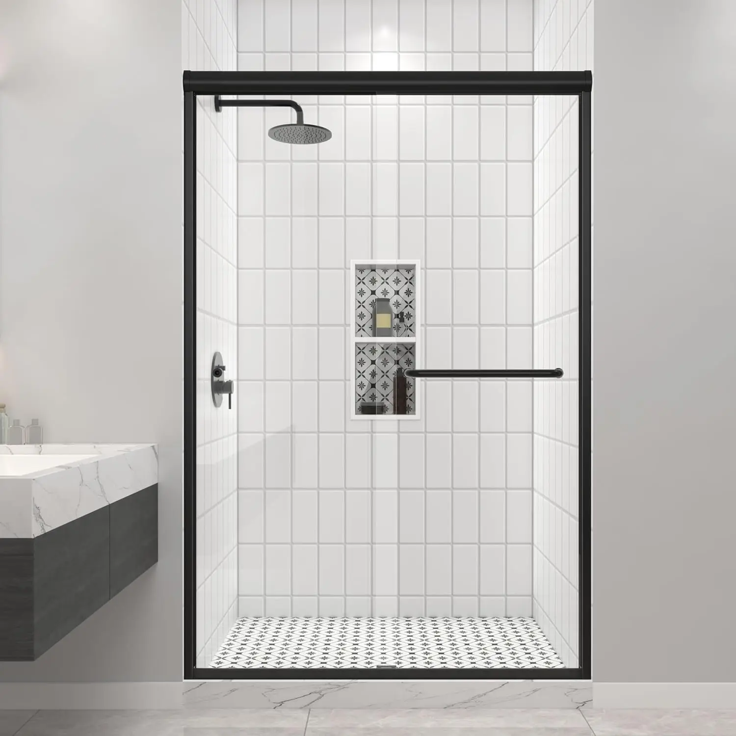 

Двустворчатая раздвижная душевая дверь 43-48 дюймов (Ш) x 72 дюйма (В), матовый черный цвет, прозрачное стекло, в раме, закаленное стекло 1/4 дюйма (6 мм)