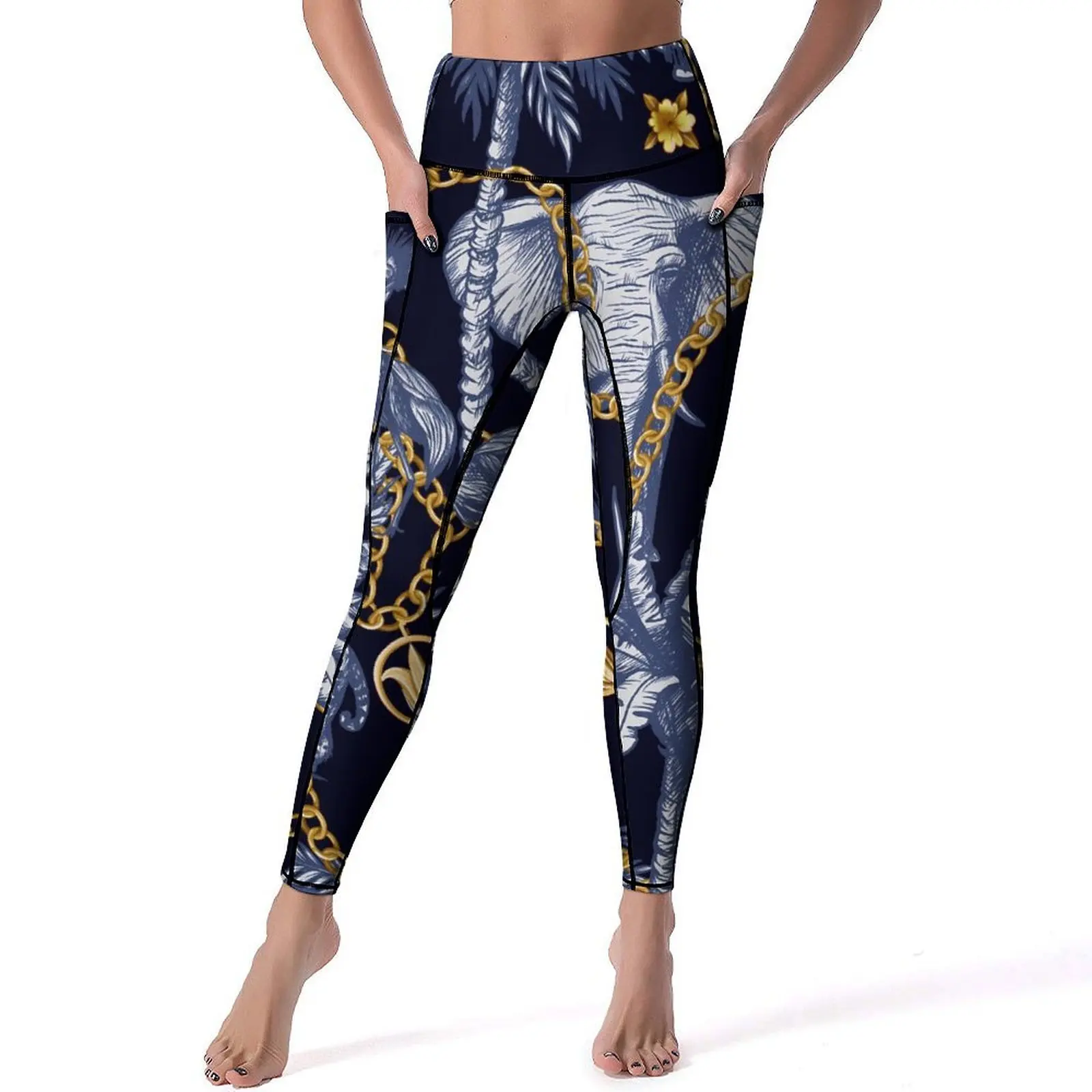 Cadeias de ouro Imprimir Leggings, Sexy Elefante e Tigre Gym Yoga Pants, Cintura Alta Stretch Sport Legging, Bolsos, Leggins impressos bonitos