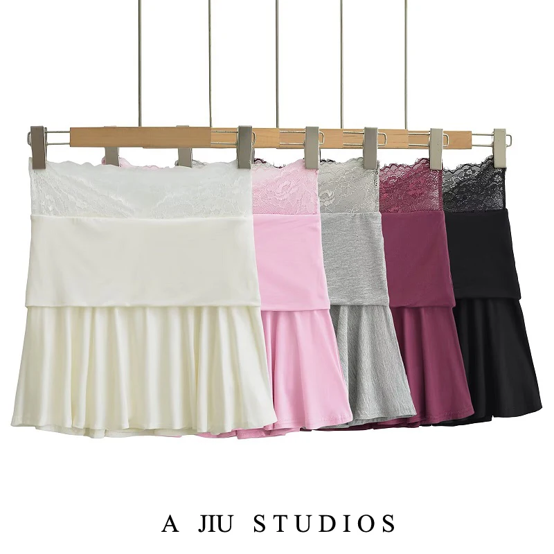 Retro americano cintura baixa renda emenda saia evasê feminina verão saia anti exposição deriva cor pura cintura alta stre...