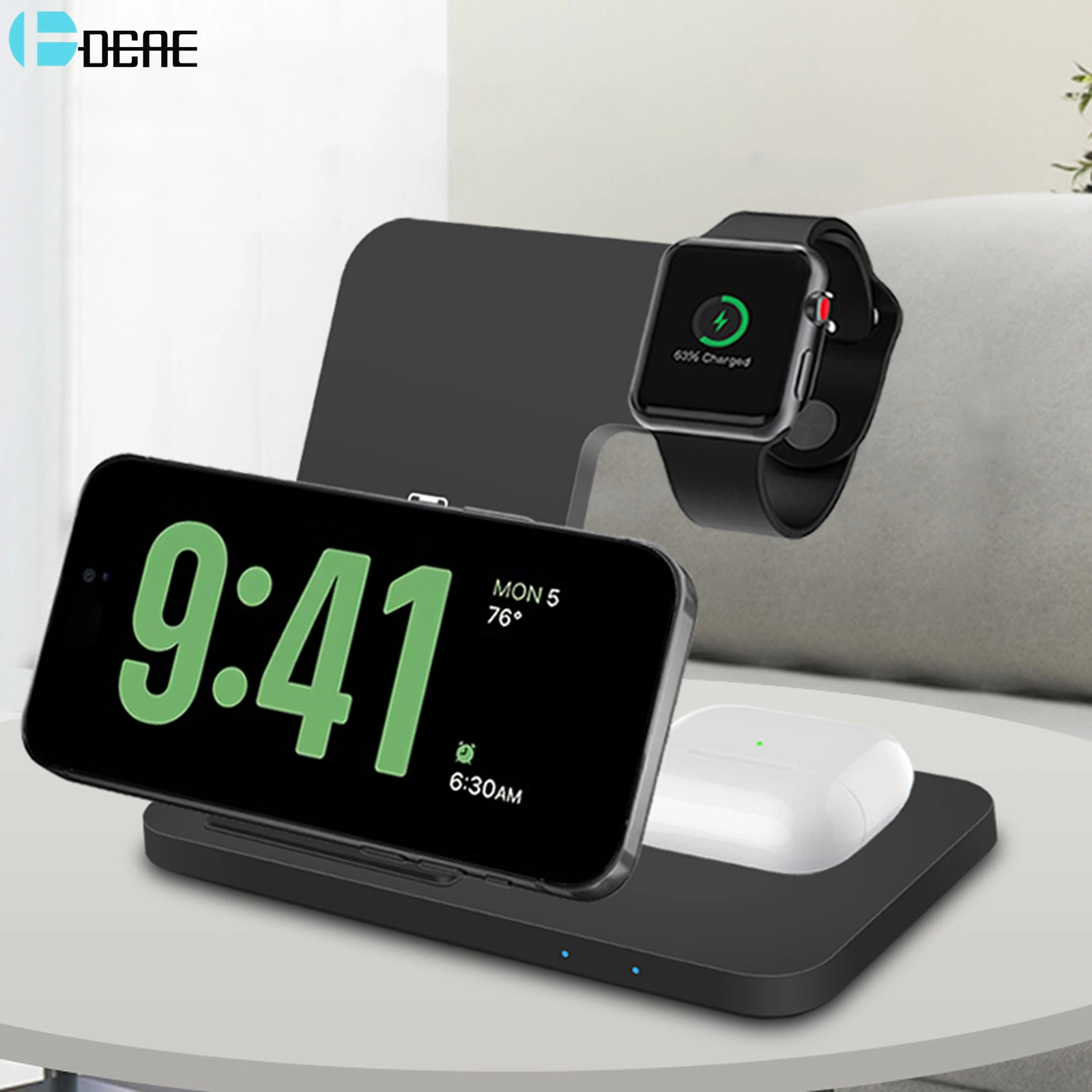 DCAE 15W Fast Wireless Charger Dock Station For iPhone 15 14 13 12 11 XR 8 Apple Watch 9 8 SE AirPods Pro 3 in 1 Charging Stand