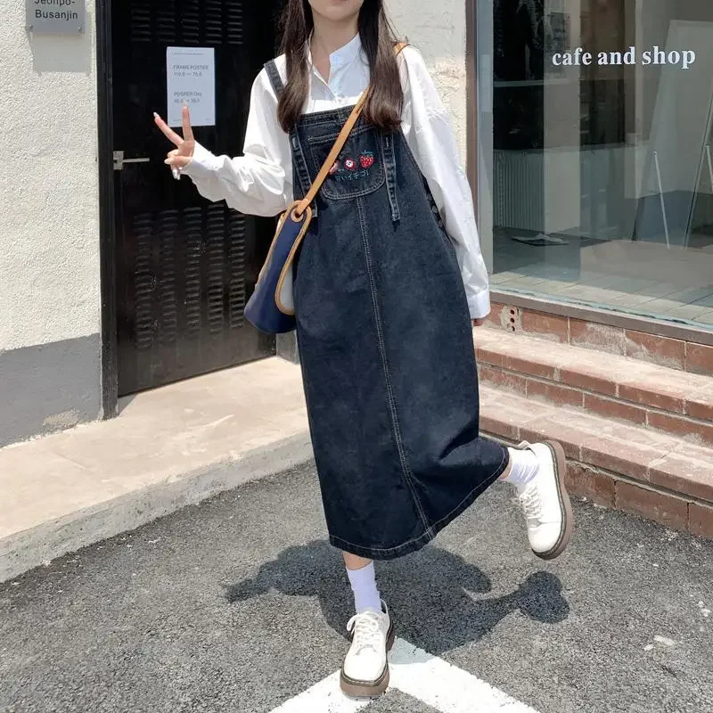 Sleeveless Denim Dresses Women Lovely Fruits Embroidery Retro Teenagers Back-slit Midi All-match Designer Harajuku Hipster New