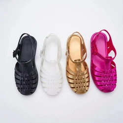 Mini Melissa Women's Jelly Shoes Ladies Square Headed Woven Hollow Roman Shoes Adult Retro Woven Jelly Sandals Beach Shoes Femal