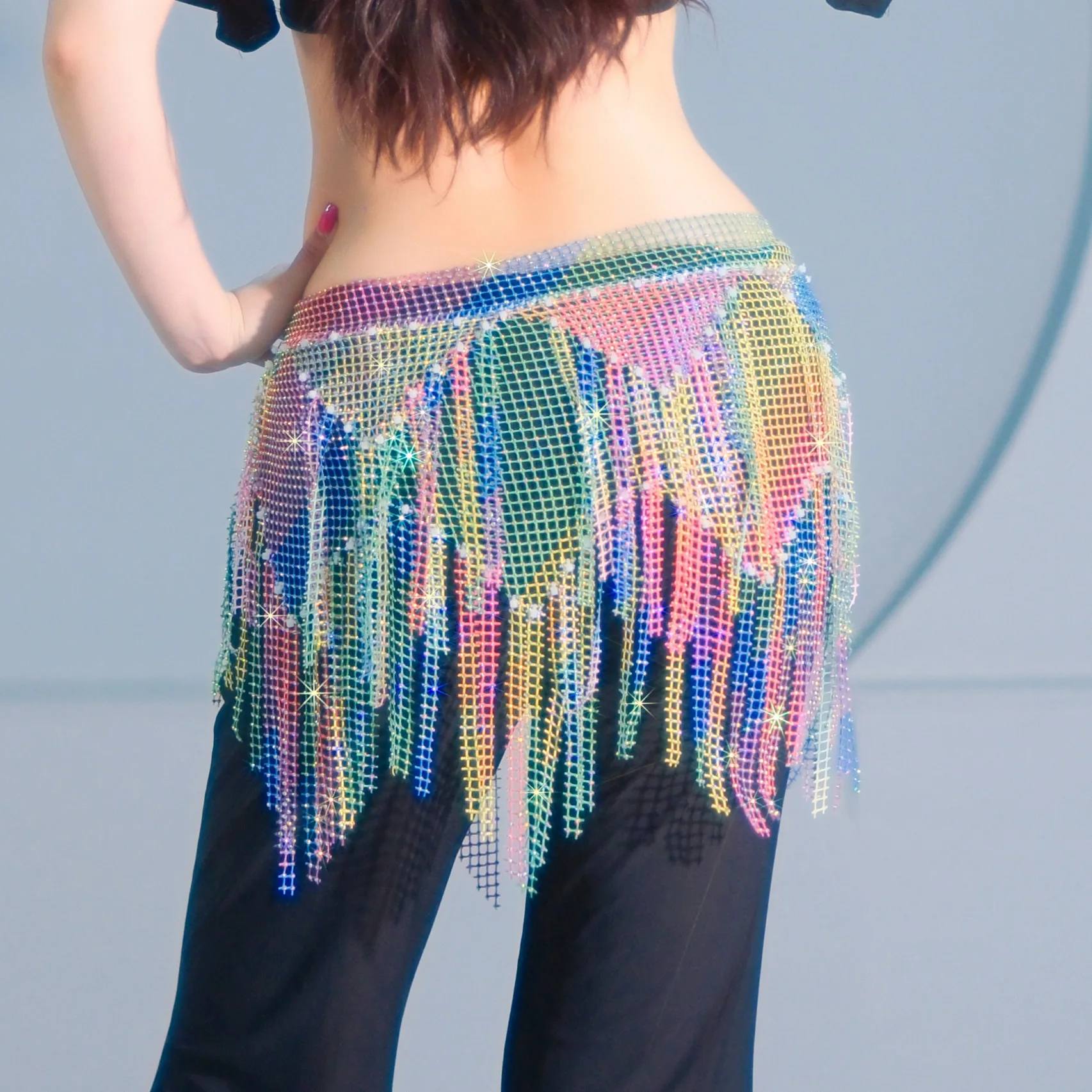 

Пояс-шарф для танцев с бахромой «Радужный градиент» для восточных танцев, для выступлений, белый, красный, 2026, блестящий черный