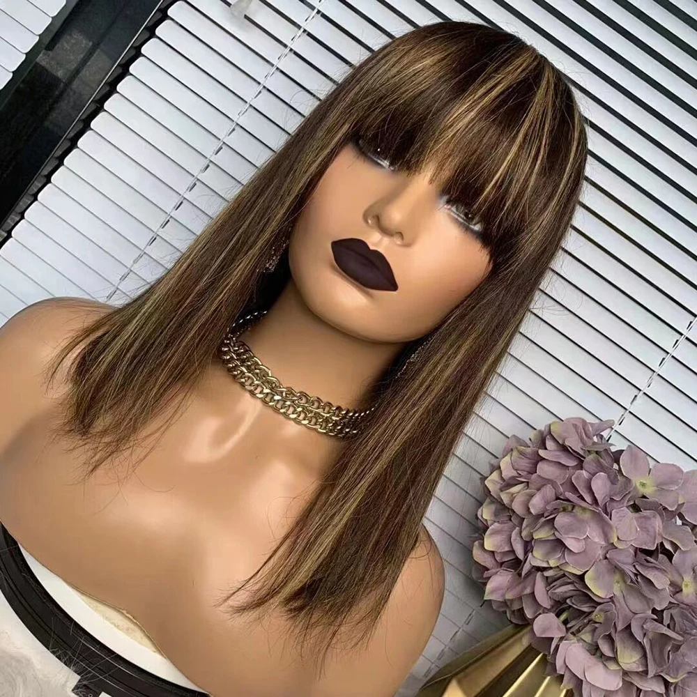 Wigs Human Hair Cameral Brown Highlight Shoulder Long Lace Front Wig with Bang Ombre Straight Bob Cut Wigs for Women American