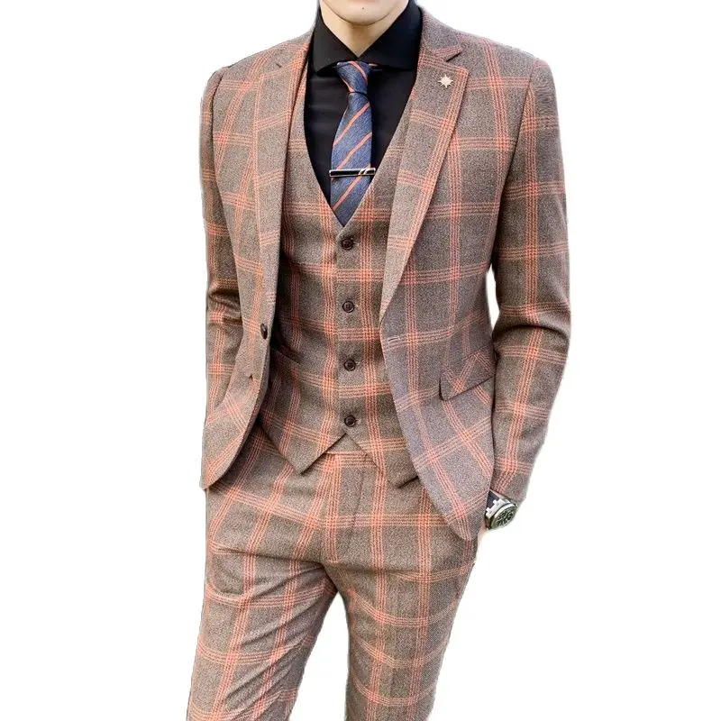 Men\'s British Style Slim Fit Blazer 3 Piece Set Jacket Pants Vest High End Handsome Men\'s Plaid Gentleman Suit 2023 Trousers