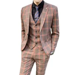 Men's British Style Slim Fit Blazer 3 Piece Set Jacket Pants Vest High End Handsome Men's Plaid Gentleman Suit 2023 Trousers