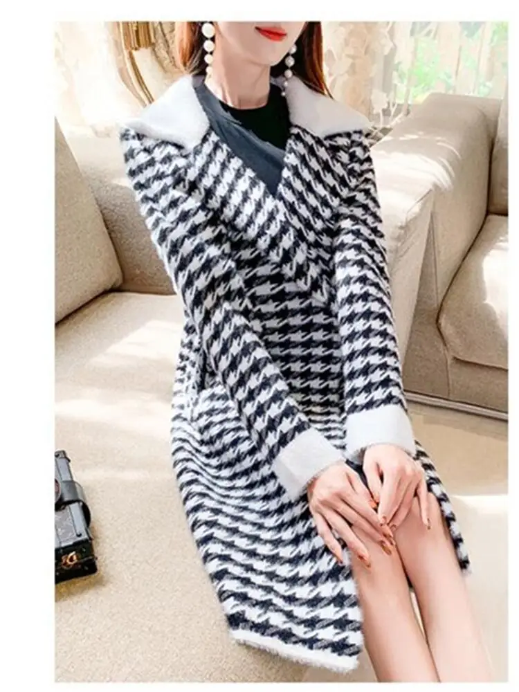 Women  Houndstooth Mohair Cardigan Autumn Mink Fur Slim Plaid Knitting  Jacket