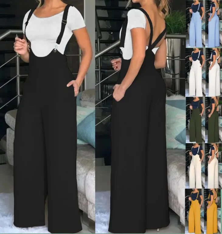 

Elegant Jumpsuits For Women 2023 Summer New Fashion Pocket Design Casual Loose Plain Daily Long Suspender Wide Leg Jumpsuit