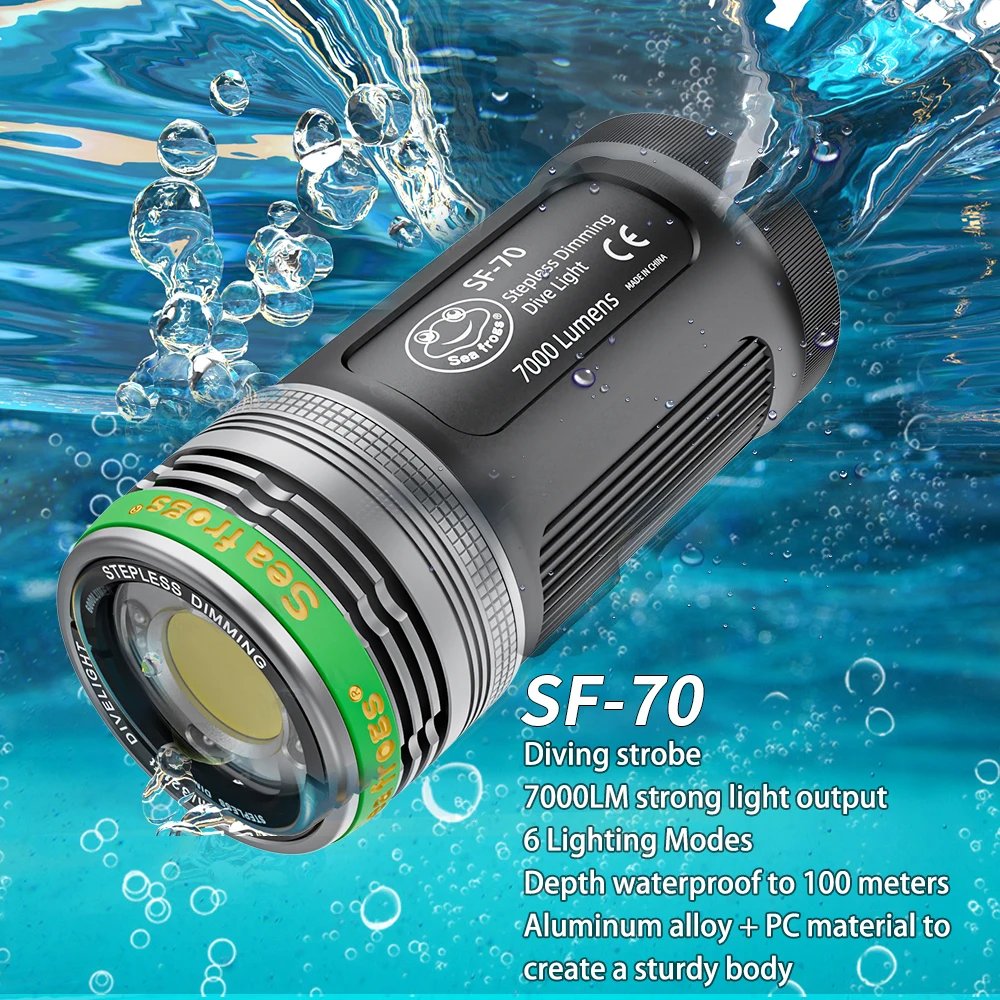 

Фонарь Seafrogs SF-70, 7000 люмен, с функцией мигания по оптоволокну, регулируемая яркость 0-100%, 3 режима света: УФ, синий, красный.