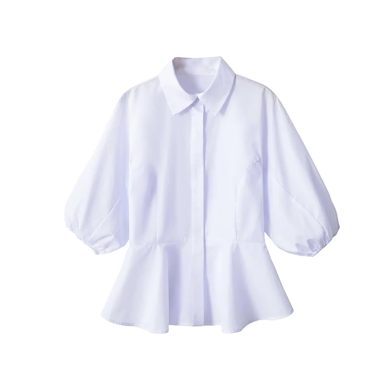 

YENKYE Women's White Turn Down Collar Peplum Blouse Puff Bubble Short Sleeve Fitted Waist Flared Hem Shirt Office Casual Tops
