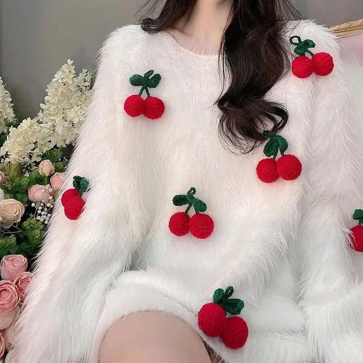 Winter White Fluffy Mohair Knit Pullovers Loose 3D Cherry Thickened Mink Cashmere Furry Sweater Knitwear Jumper O-Neck Tops 2022