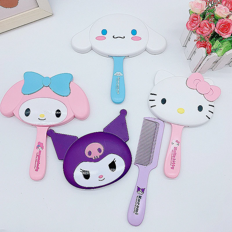 Sanrios Anime Figures Hellokittys Pochacco Makeup Mirror Cute Kuromi Portable Cosmetic Table Decor Handle Mirror for Girls Gifts