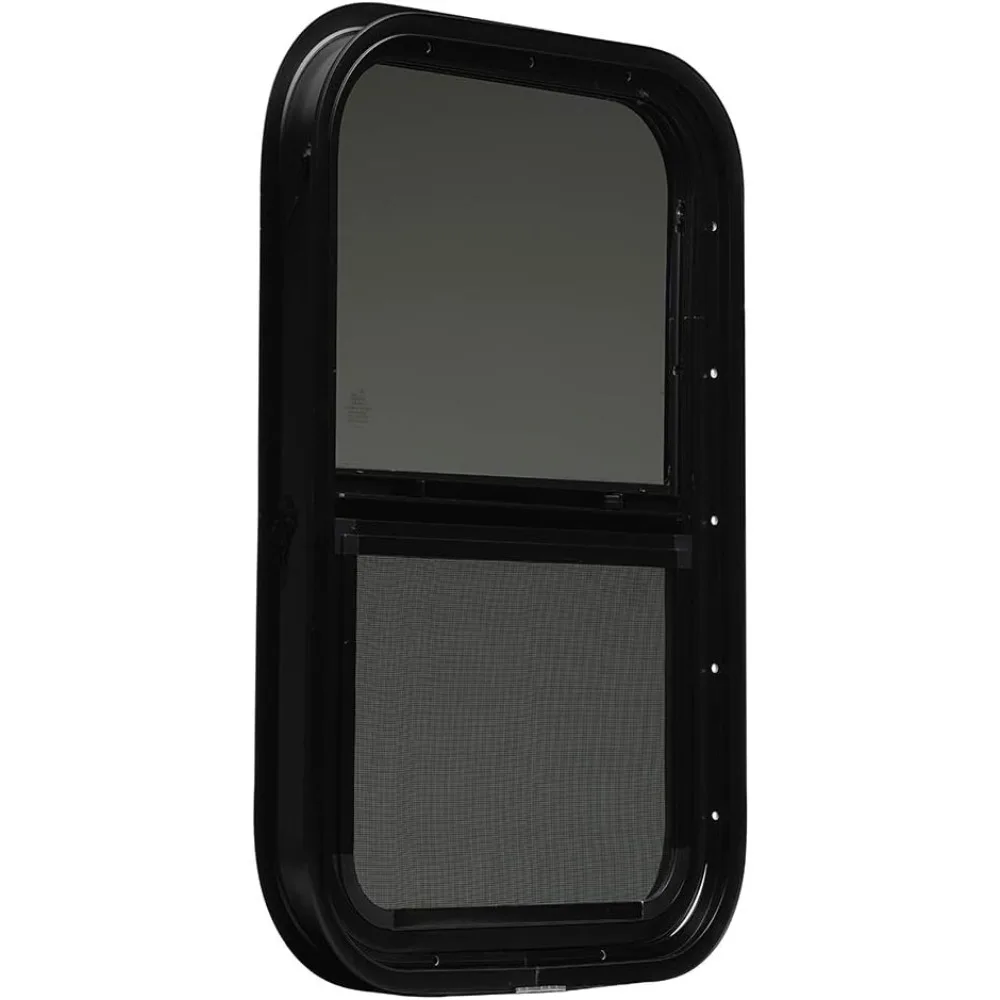 نافذة RV سوداء منزلقة عمودية مقاس 16 × 24 × 1.5 مع حلقة تثبيت وشاشة سفلية #6