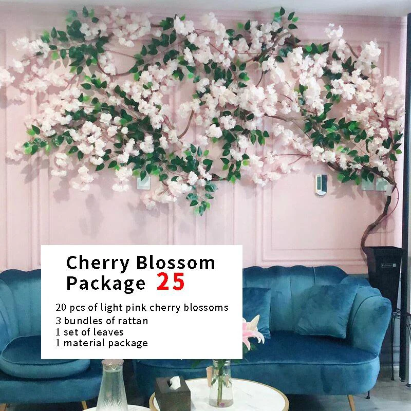 Artificial Cherry Blossom Tree Set, Flower Branch, Rattan, DIY Holiday, Wedding, Living Room, Home Wall Decoration