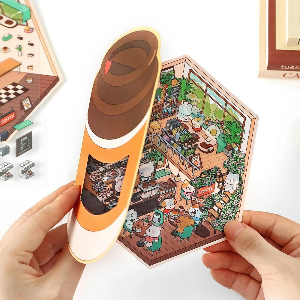 Cartoon DIY Miniature Scene Sticker Sushi Dessert Shop 3D Landscape Stickers Visual Stacking Stickers Gift For Child Student