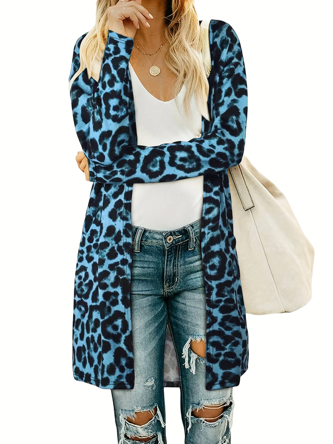 Stylish Leopard Print Open Front Cardigan Women Casual Full Long Sleeve Knitted Cardigans Ladies Fashion Long Coats