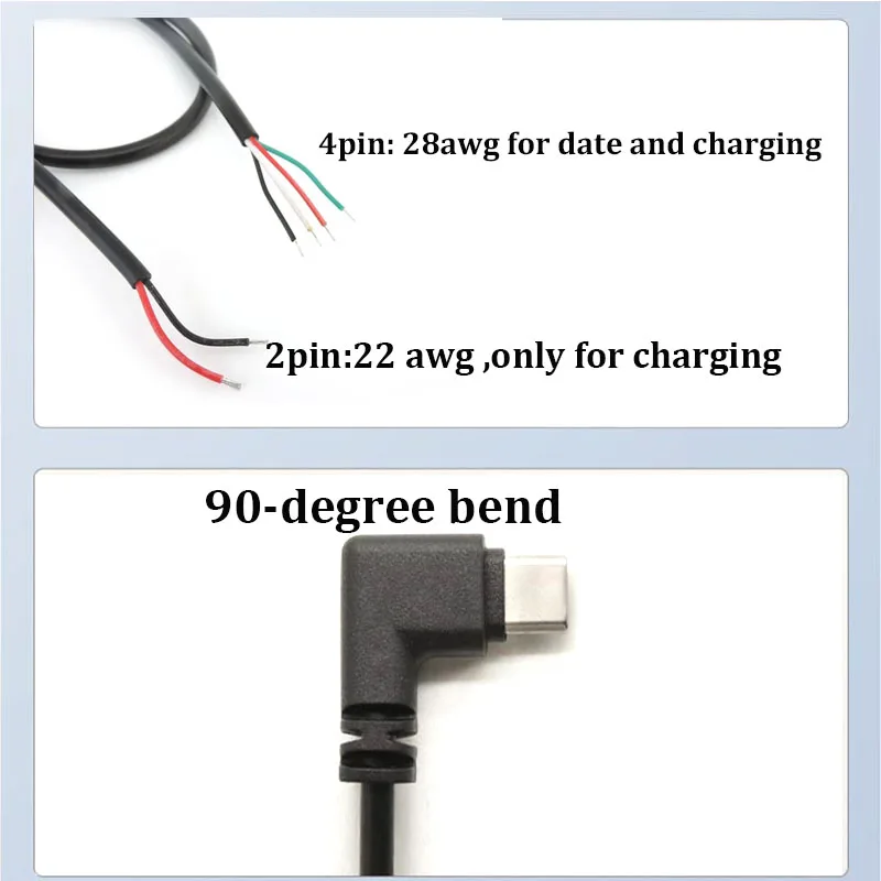 

4pin/2pin USB2.0 Type-C Right-angle Male Connector Extension Cord DIY Repair Power Supply Cable Line