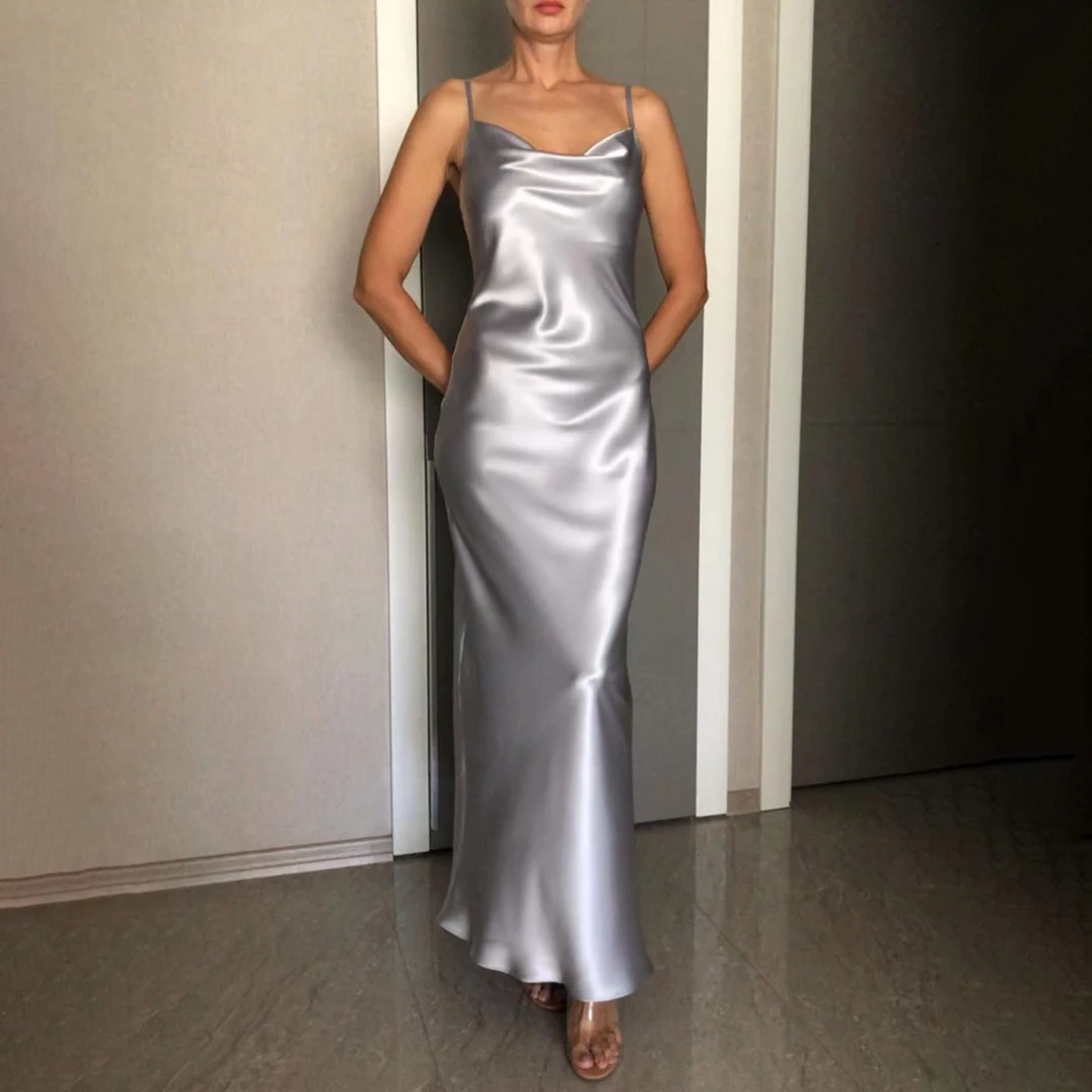 

Sexy Spaghetti Straps Evening Dresses Metallic Satin V-neck Bodycon Midi Backless Cocktail Party Dress Family Gathering Gowns