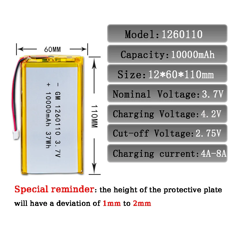 New 3.7V 10000mAh 1260110 Rechargeable Polymer Batteries Lipo Li-Po For Toy Power Bank GPS Laptop Camping Lights Diy