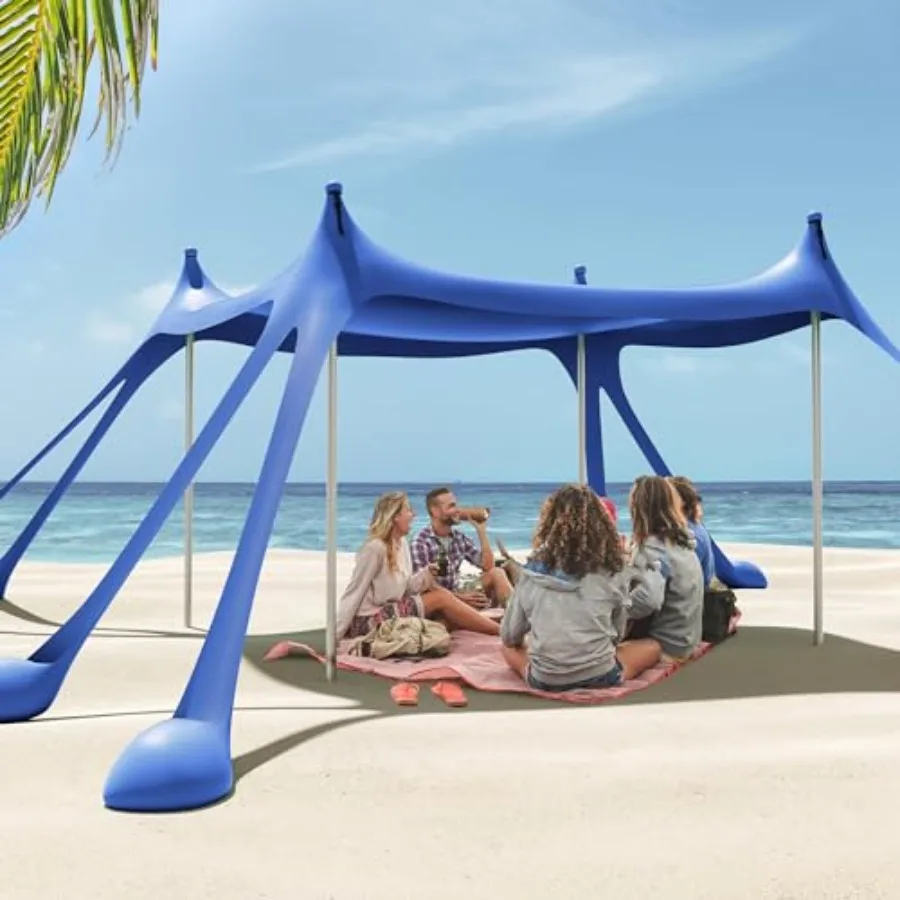 

Beach Tent Canopy with 8 Sandbags 4 Aluminum Poles Pop Up Portable Camping Sun Shelter Easy Set Up with 2 Sand Shovel Ground Pe