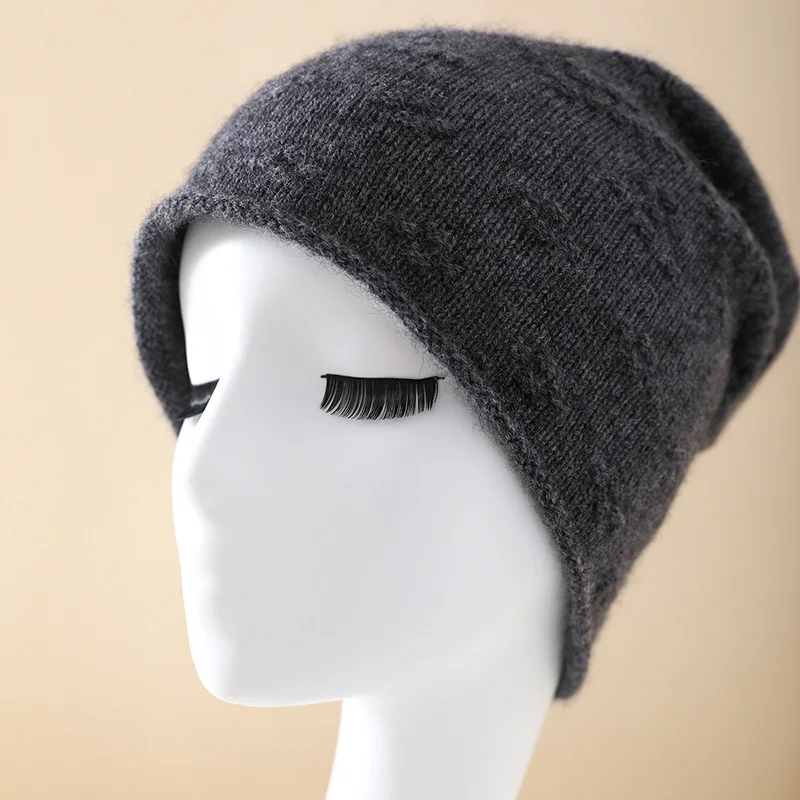 Women's 100% cashmere hat casual solid color knitted hat warm pile cap pullover hat without brim cap fashion cold hat wholesale.
