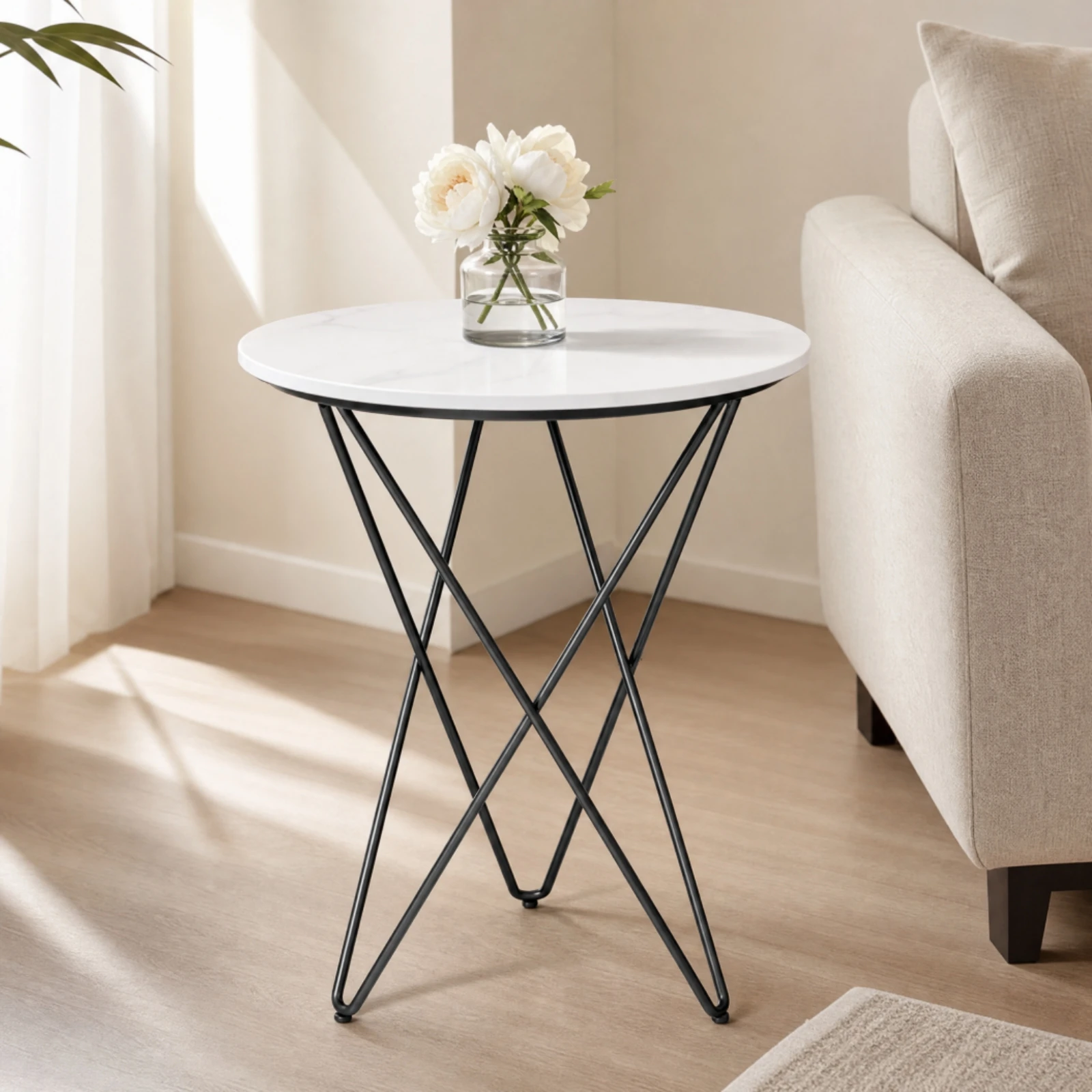 Round Side Table with Metal Frame Fully Assembled Round Side Table Easy to Clean Scratch-Resistant for Bedside Nook