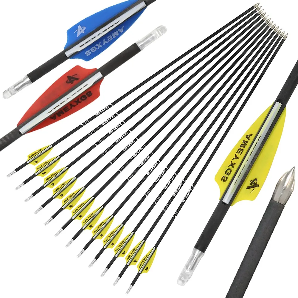 

32inch Pure Carbon Arrow 6/12pcs Spine 400/500/600/700/800/900/1000 2inch Vanes Outdoor Archery Arrow Hunting Shooting Sports