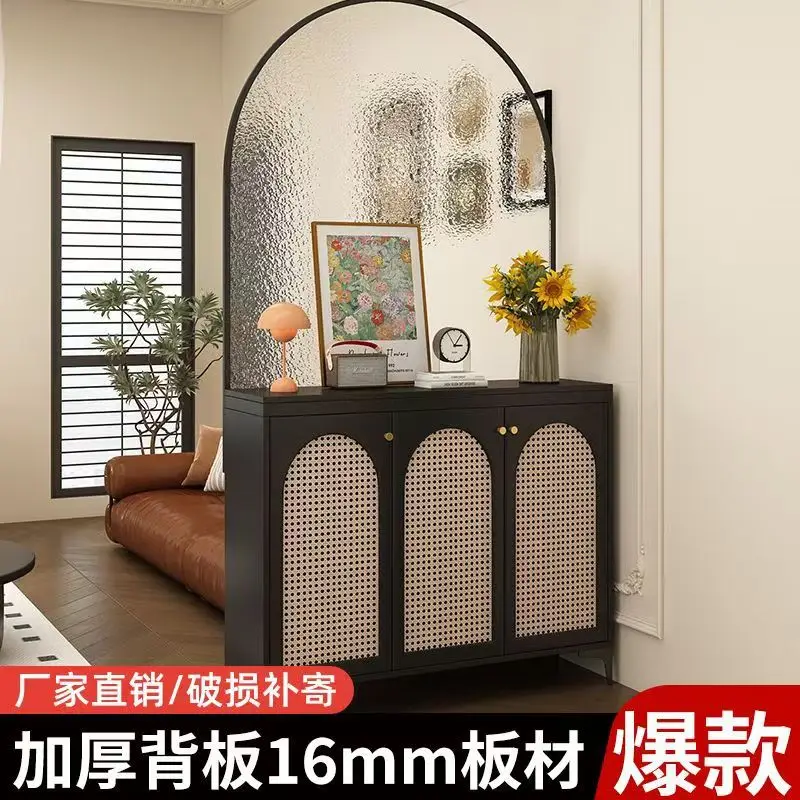 Home entrance cabinet shoe cabinet living room rattan partition retro screen light luxury high-end glass partition cabinet oppos