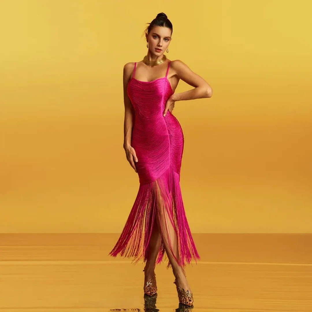 

High Quality Fashion Tassel Rose Red Spaghetti Strap Maxi Skirt Women's Tassel Euro American Bandage Sexy Dress Party Dress New