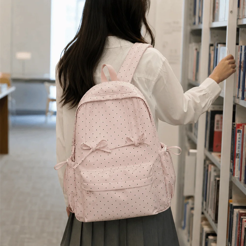 Cute Sweet Polka Dot Backpack Large Capacity Bow Design Minimalist Rucksack Durable Lightweight Student School Bag Travel Use