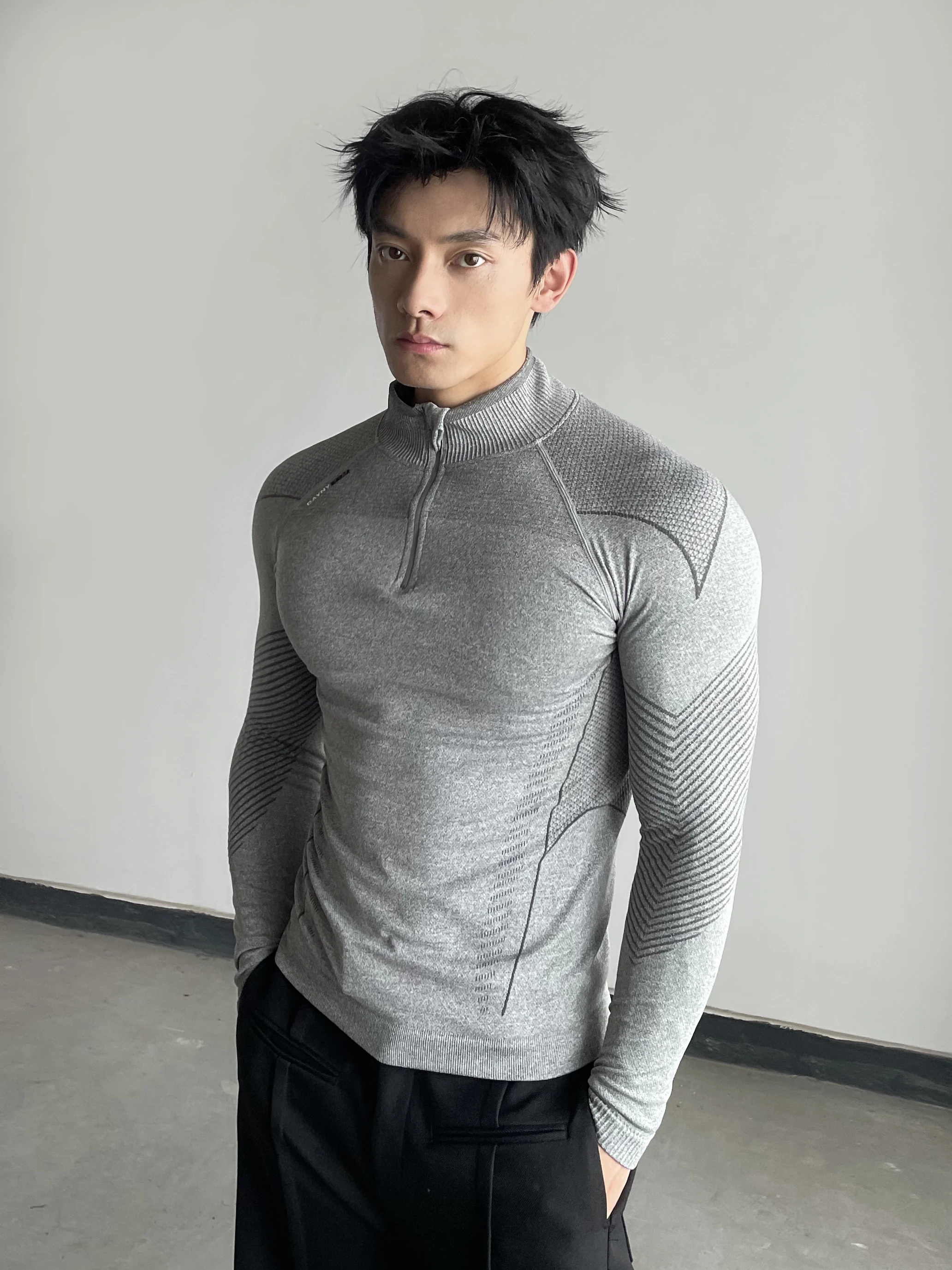 

Dayny Texture Emed Sl Tech Training Long Sve Fitn Sportswear Casual High Collar f Zip Body Suit T-irt
