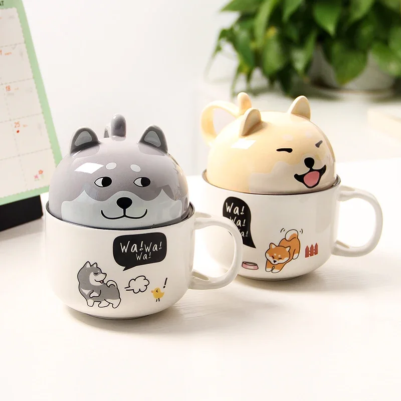 New 350ml Kawaii Pet Dog Mug Cute Cartoon Ceramics Bottle with Lid Spoon Coffee Milk Tea Tumbler Breakfast Bowl Drinkware Gifts