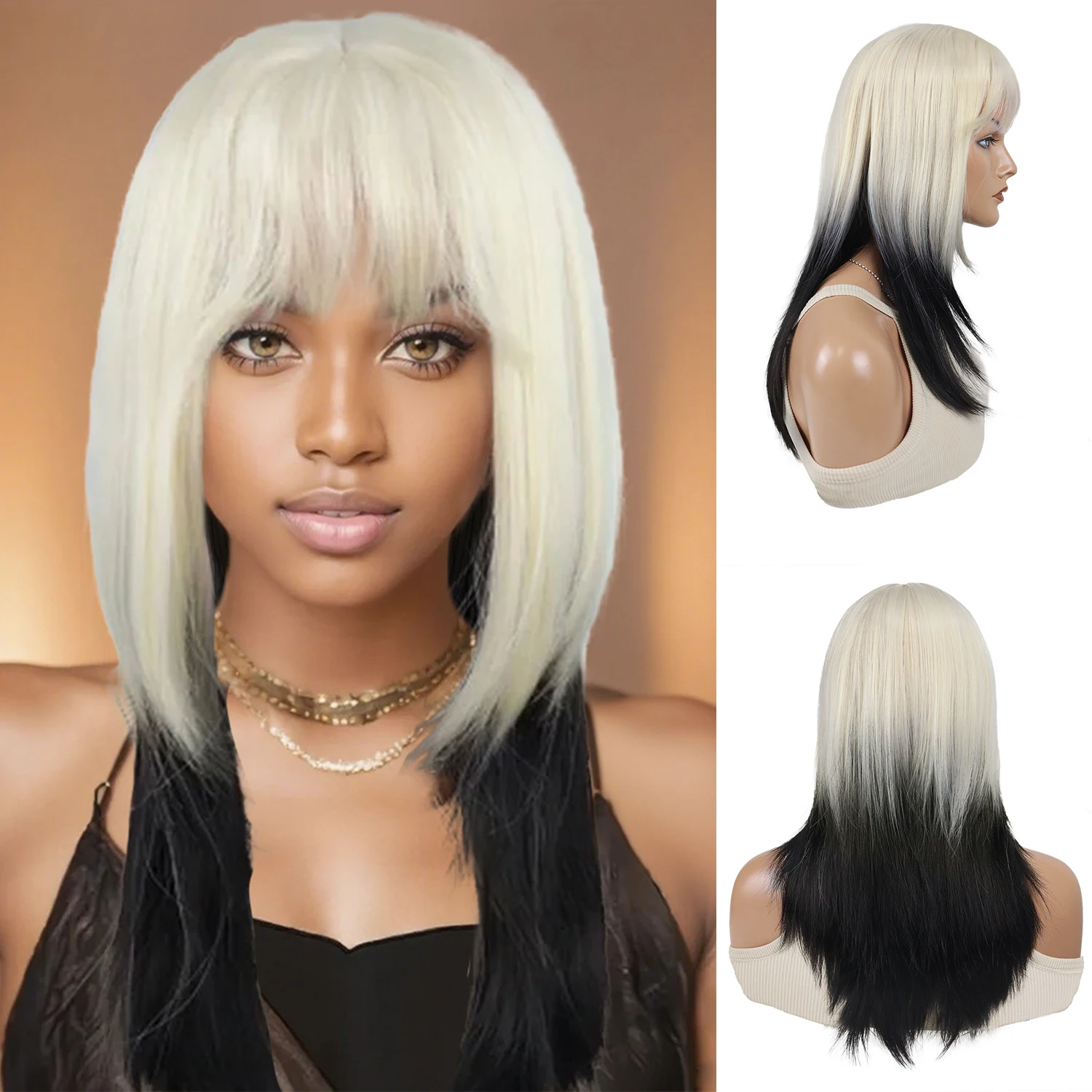 

Synthetic Long Straight Wigs for Women Layered Blonde and Black Wig with Bangs Daily Cosplay Fashion Gradient Wigs Drag Queen