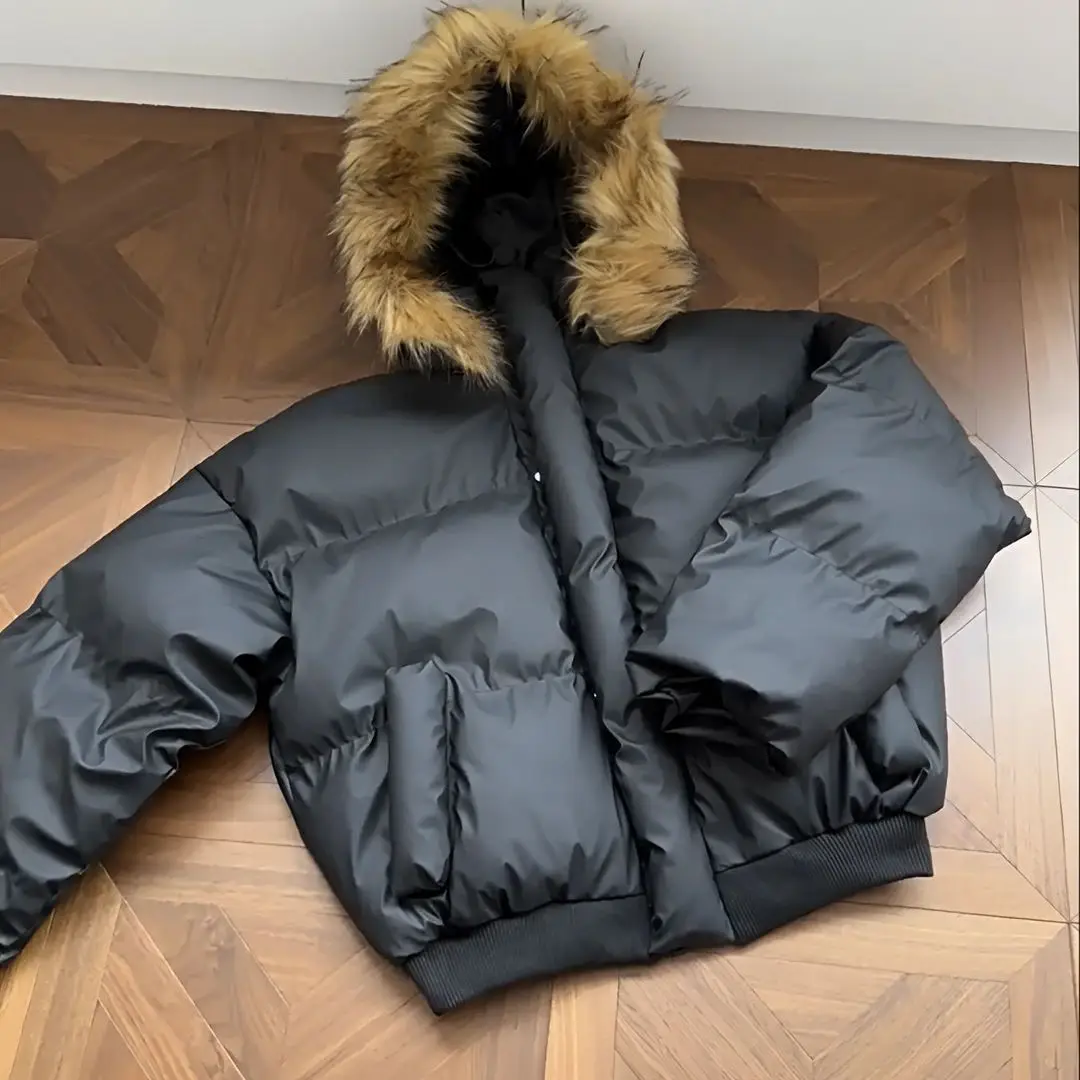 Black Fur Collar Hooded Coats Winter American High-Street Puffer Jackets Warm Thickened Loose Outerwear Punk Subculture Fashion