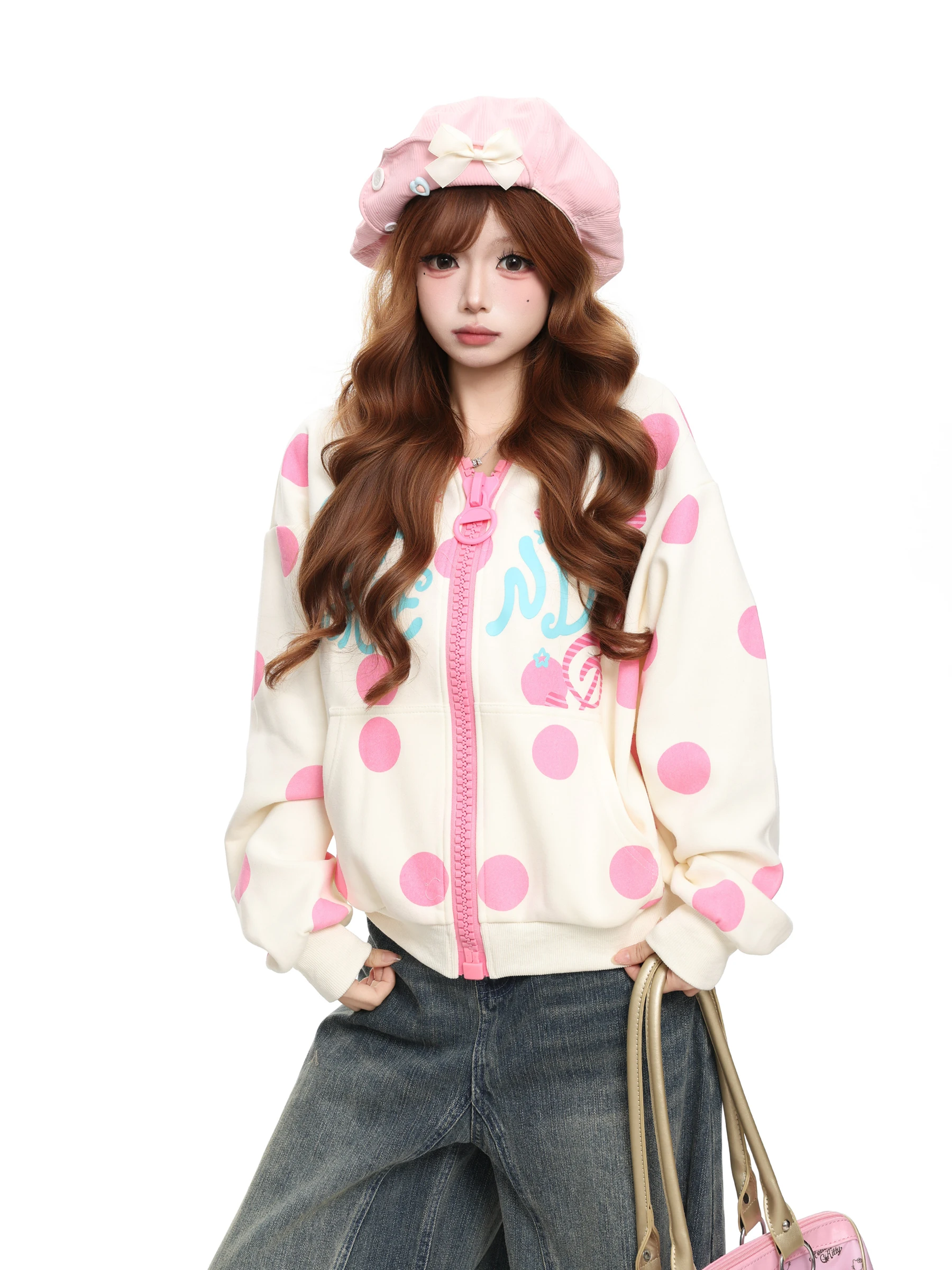 BASTERDS Women's Loose Fit Zipper Cardigan Hoodie Autumn Casual Outerwear Sweet Wave Dot Pattern Comfortable Cotton Blend