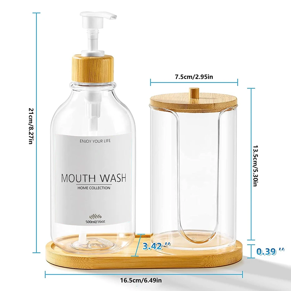 16Oz Mouthwash Dispenser Set for Bathroom MouthWash Pump Bottle Refillable Mouthwash Container with Bamboo Lid/Tray/Label