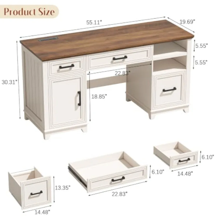 55 Farmhouse Executive Desk with Charging Station for home office, solid wood, white, built-in USB ports and cable management